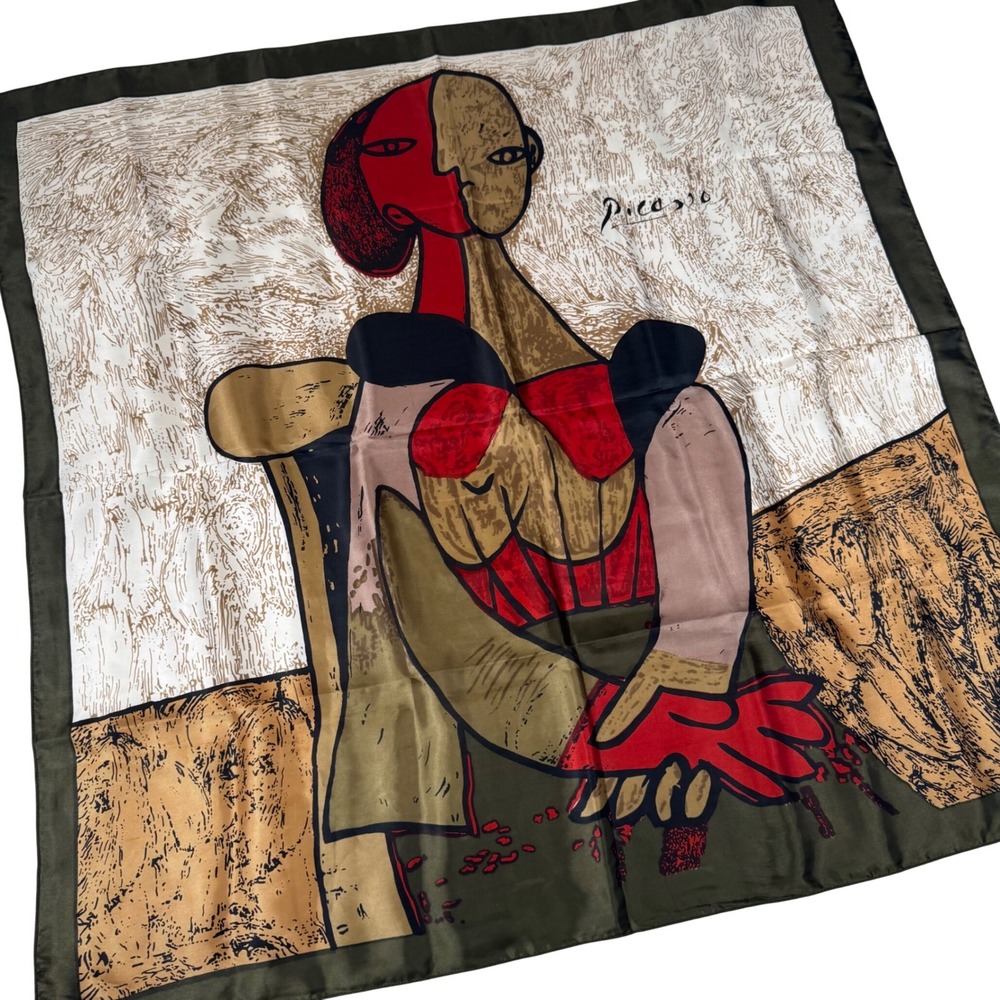 Picasso Cubist Portrait Art Print Olive Green Red Square Scarf 33" Large Bandana